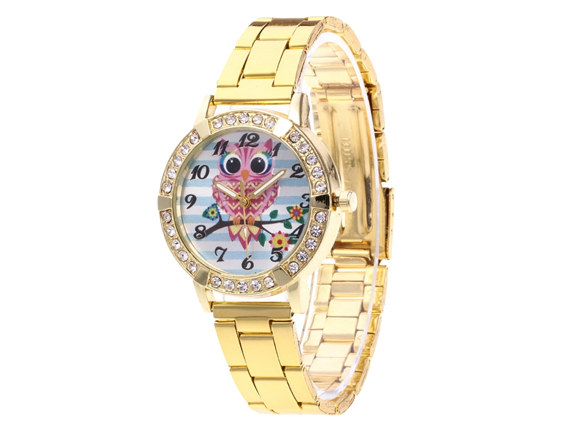 Relógio Analógico de Quartzo com Pulseira de Aço Owl Rhinestone Dial para Homens e Mulheres (ouro)