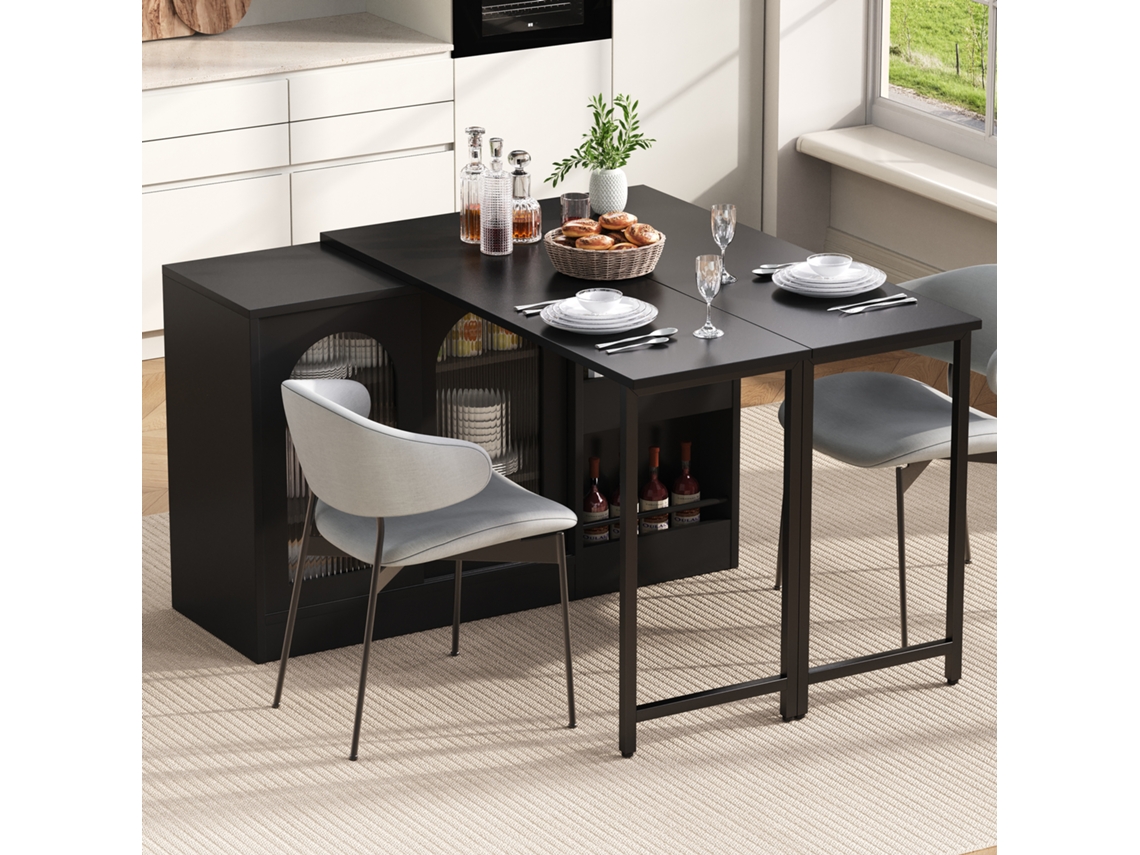 Mesa Bar Moderna Extensível Com Giro 360°, Armário Com Porta De Vidro E Espaço De Arrumação, Preto