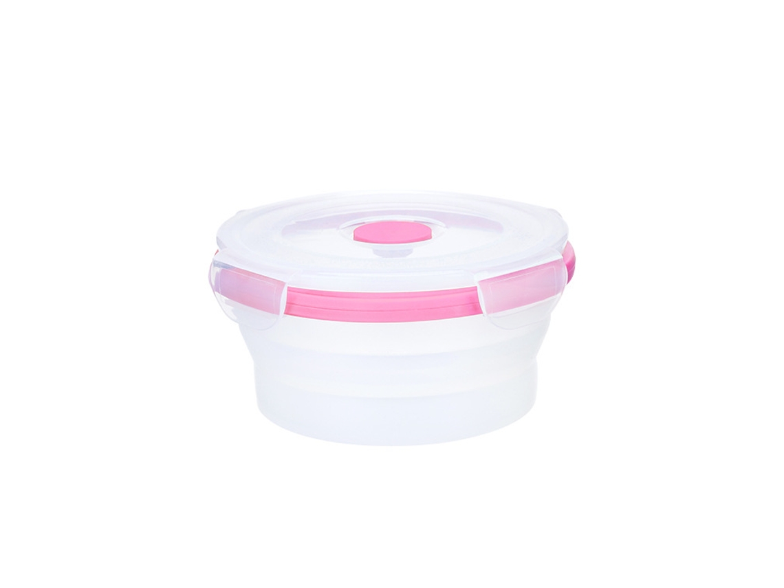 Recipiente Dobrável de Silicone Redondo Lancheira Portátil Selada Fresh Box Viagens Tigela de Macarrão Instantâneo Lancheira para Micro-Ondas Rosa
