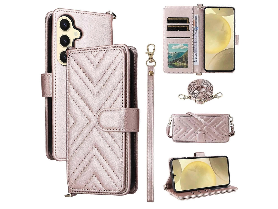Capa De Couro Com Alça De Ombro Para Samsung Galaxy S24 - Rosa
