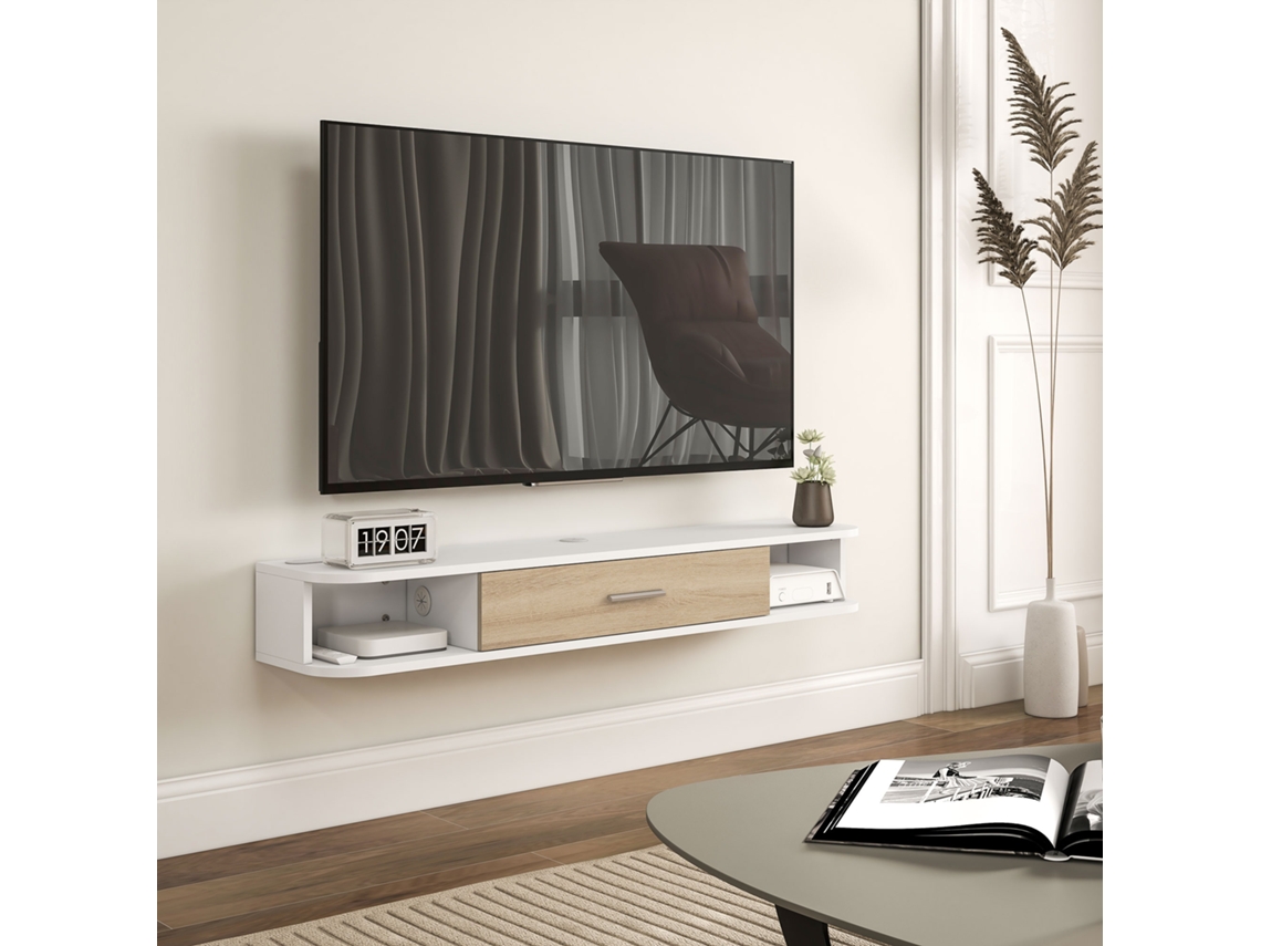 Suporte/bancada De Parede Para Tvs De Até 50 Polegadas Com Compartimentos Abertos E Armário Com Porta Basculante Branca.