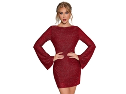 Vestido Mini De Manga Longa Com Brilho, Decote Sem Costas E Manga Trombeta - Sexy E Elegante Para Festas E Noites De Saída Vermelho
