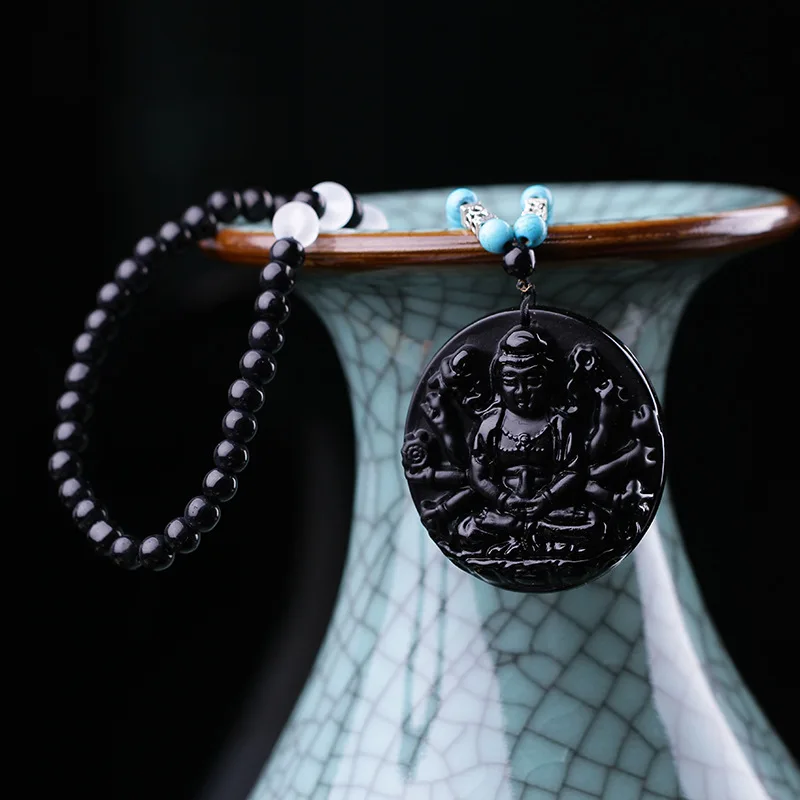 Colar com Pingente de Obsidiana Pixiu, Amuleto de Buda Amitabha MDUG