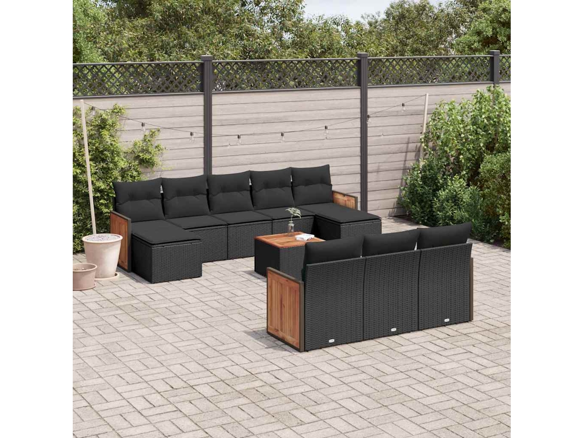 Vidaxl 11 Pcs Conjunto Sofás De Jardim C/ Almofadões Vime Pe Preto