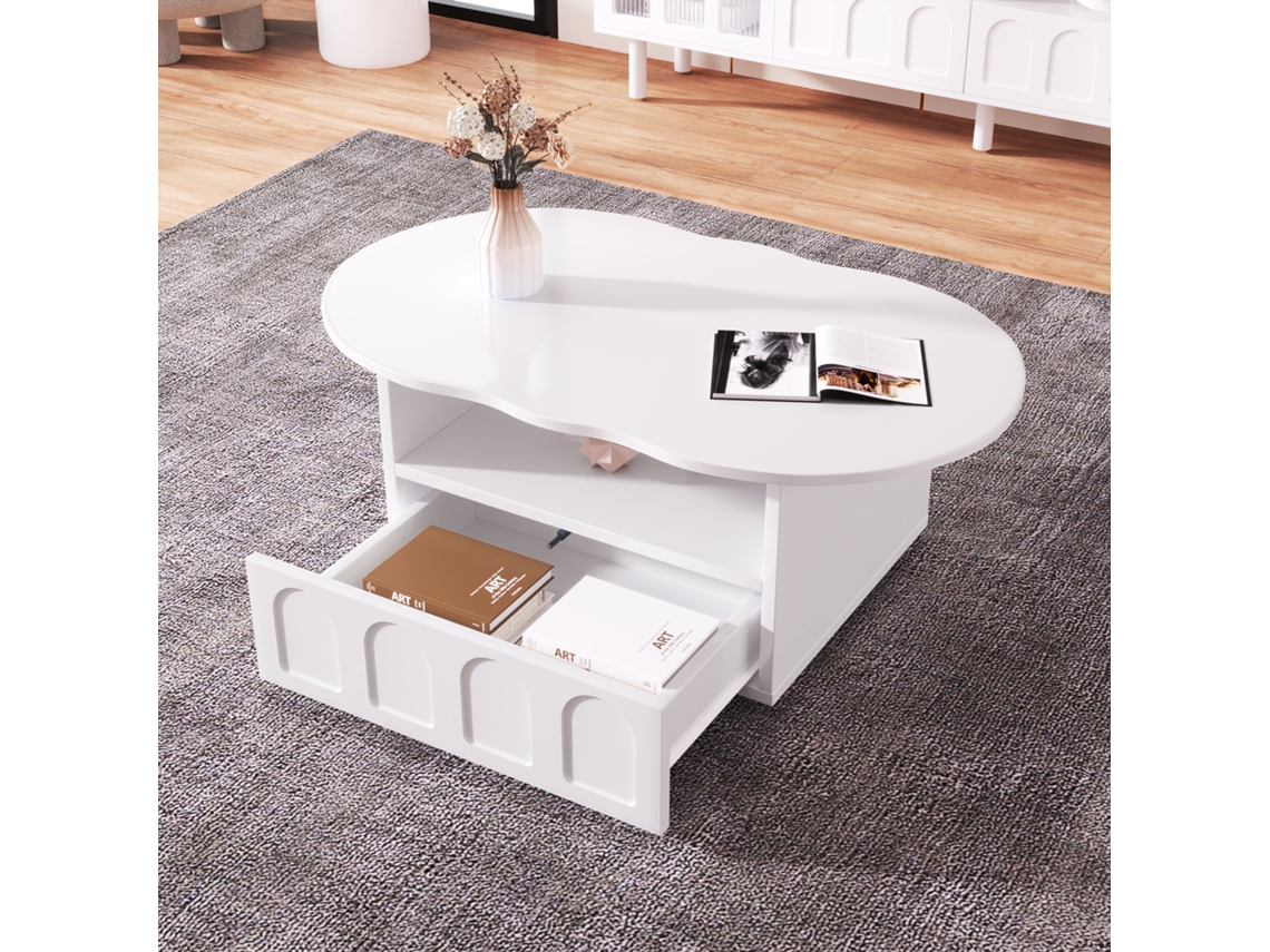 Mesa De Centro Em Formato De Nuvem Com Gavetas E Compartimentos De Arrumação.