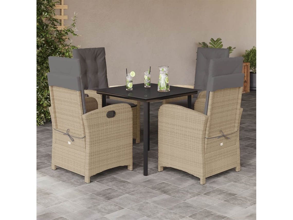 Vidaxl 5pcs Conj. Jantar Jardim C/ Almofadões Vime Pe Bege Misturado