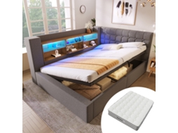 Cama Estofada 140x200 Cm Led, Armazenamento Hidráulico, Cabeceira L, Colchão Incluído Cinza Mobrio