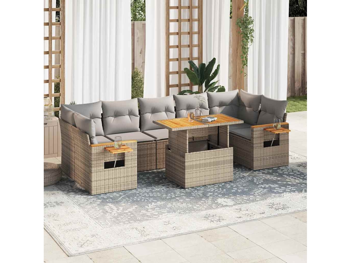 Vidaxl 8 Pcs Conjunto Sofás Jardim Com Almofadões Vime Pe/acácia Bege