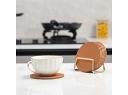 Lurelia Porta-copos 6 Un Cortiça Couro Pu Metal Redondo Com Suporte Bebidas