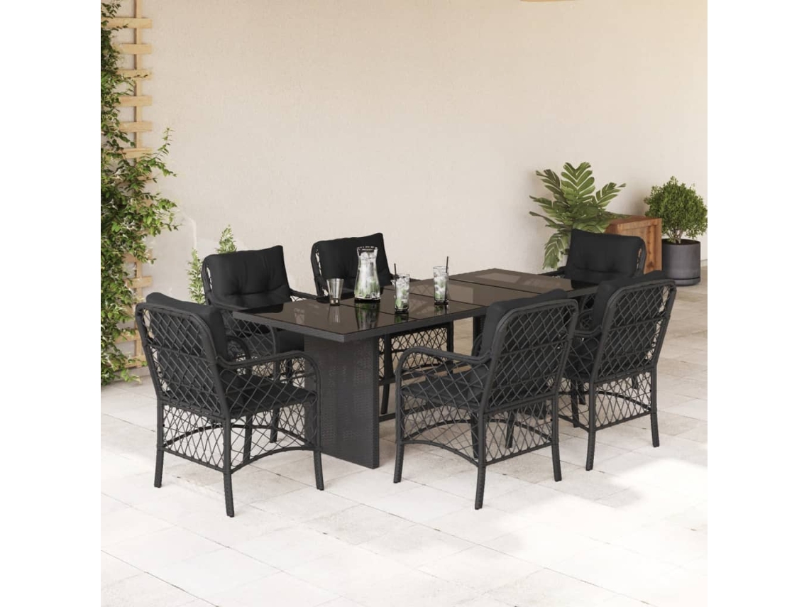 Vidaxl 7 Pcs Conjunto de Jantar P/ Jardim C/ Almofadões Vime Pe Preto