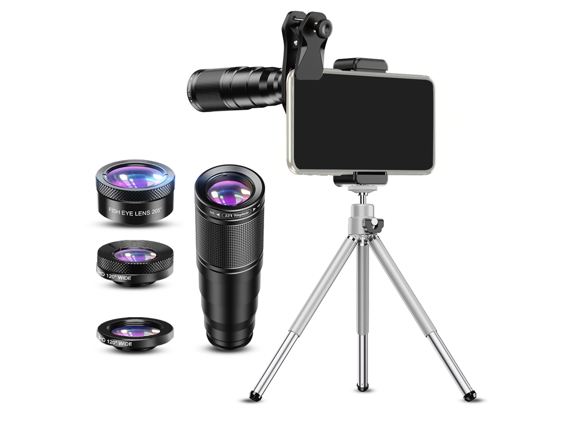 Kit De Lentes Para Telefone 22x Telefoto Macro Grande Angular Kit De Lentes Fisheye Com Tripé E Clipes