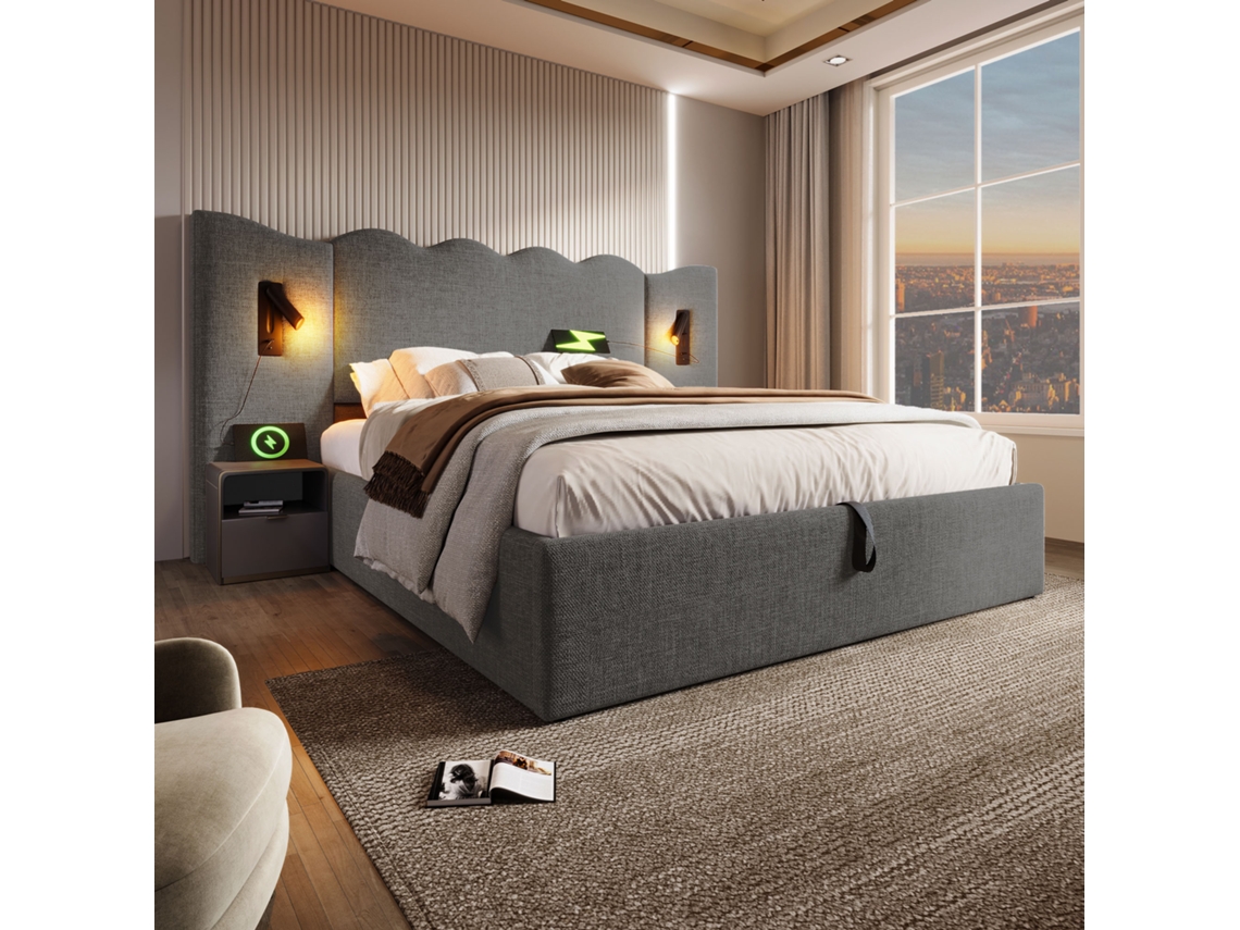 Cama Com Arrumação 160x200 Cm Em Linho Com Luz De Leitura E Função De Carregamento Com Estrado De Ripas Cinza Mobrio