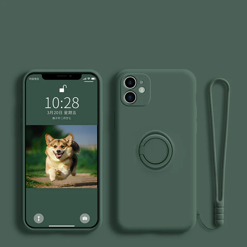 Capa De Celular Em Silicone Líquido Macio (verde Escuro) Para Iphone 7 Plus E 8 Plus Com Suporte, Anel E Alça De Pulso.