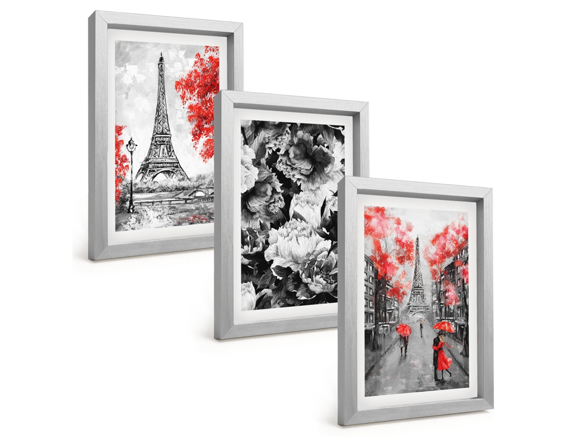 Composição De Quadros Na Paredetorre Eiffel, Pinturas Cinza Moldura Prateada Quadros Para A Sala De Estar Espelharte (3 Peças 20x30 Cm)