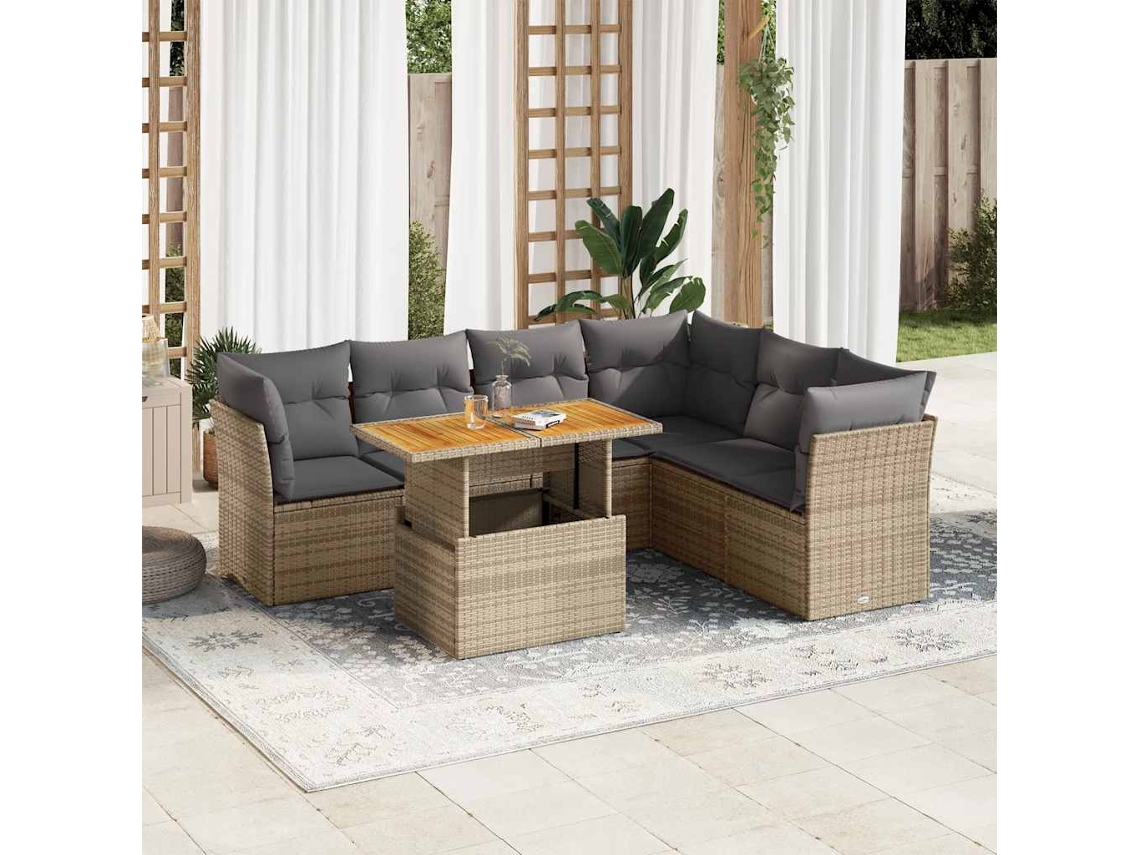 Vidaxl 7 Pcs Conjunto De Sofás P/ Jardim Com Almofadões Vime Pe Bege