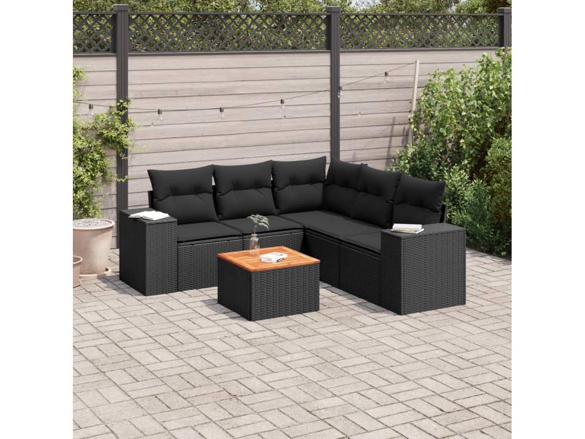 Vidaxl 6 Pcs Conjunto Sofás De Jardim C/ Almofadões Vime Pe Preto