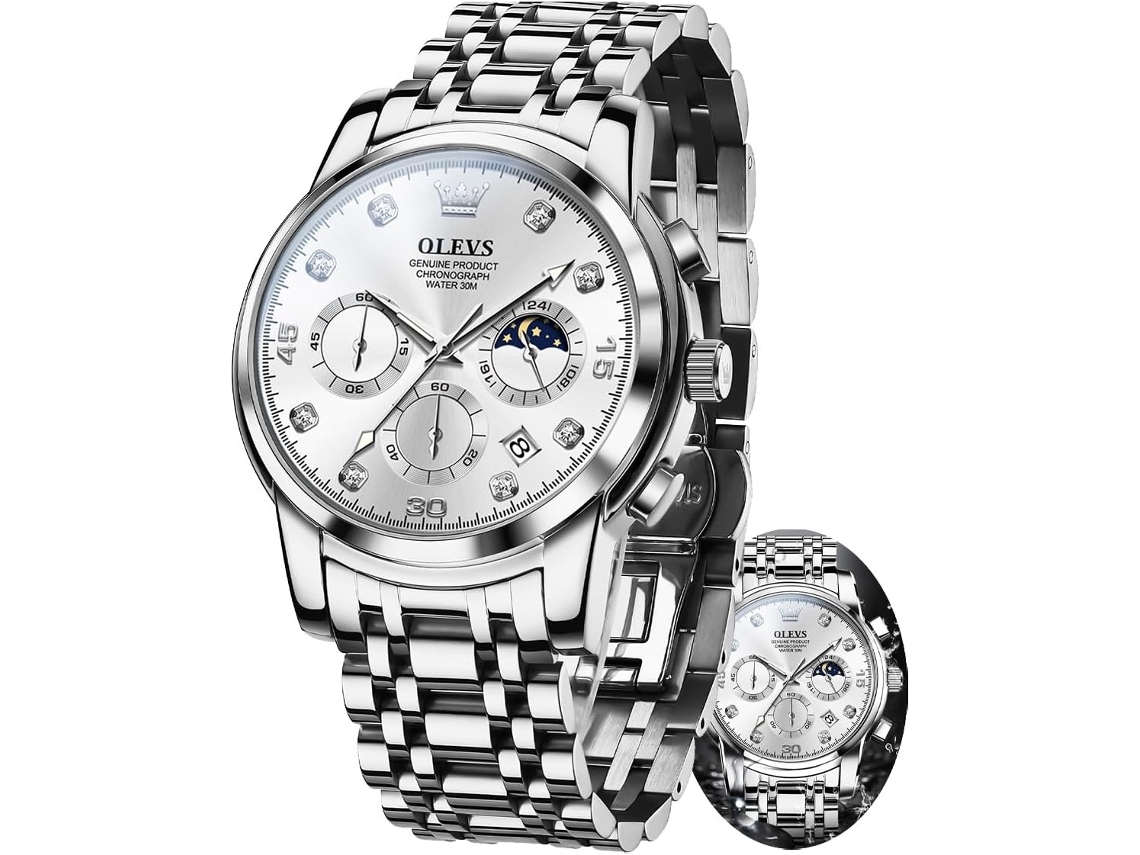 Lurelia Relógio Cronógrafo Masculino, Movimento De Quartzo, Analógico, Data/calendário, Luminoso, Aço Inoxidável, Resistente À Água 30m, Prata