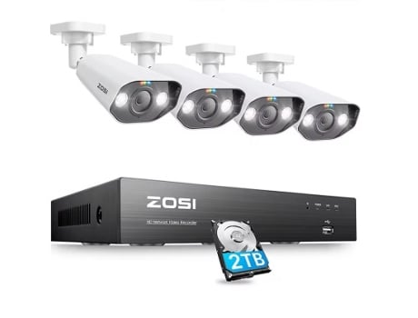Sistema de vigilância por vídeo Zosi com 4 câmeras. Inclui um disco rígido de gravação de 2 TB.