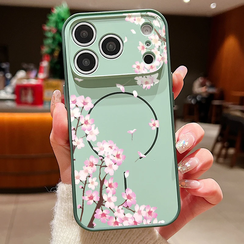 Capa Magnética Rígida Para Iphone 16 Com Estampa Floral Rosa (verde).