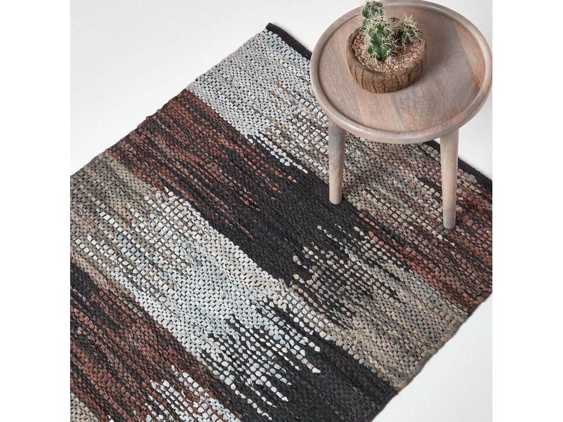 Homescapes Black, Grey Brown Real Leather Handwoven Cutshuttle Hall Runner, 66 X200 Cm