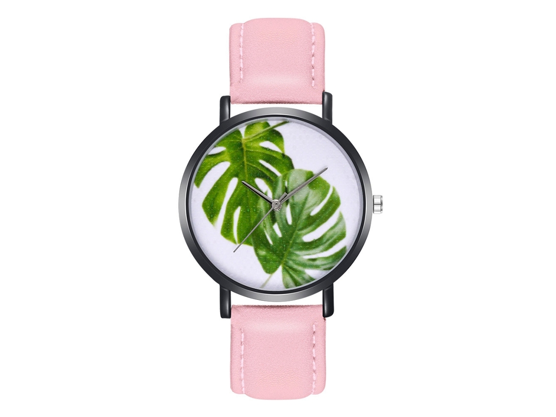 Relógio analógico unissex com pulseira de couro PU, folhas verdes e pulseira de couro rosa.