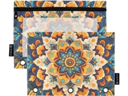 Bolsa Boêmia com estampa de mandala azul e amarela, janela transparente com zíper, bolsas espaçosas e 3 furos para