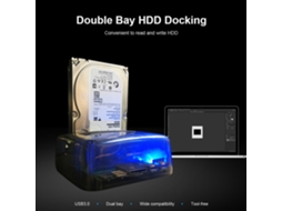 Estação de acoplamento USB 3.0 para discos rígidos de 2,5"/3,5" IDE e SATA, com duas baias e instalação sem ferramentas.