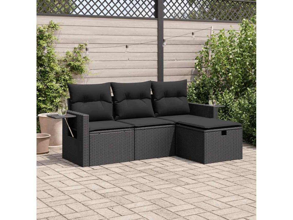 Vidaxl 4 Pcs Conjunto De Sofás Para Jardim C/ Almofadões Vime Pe Preto