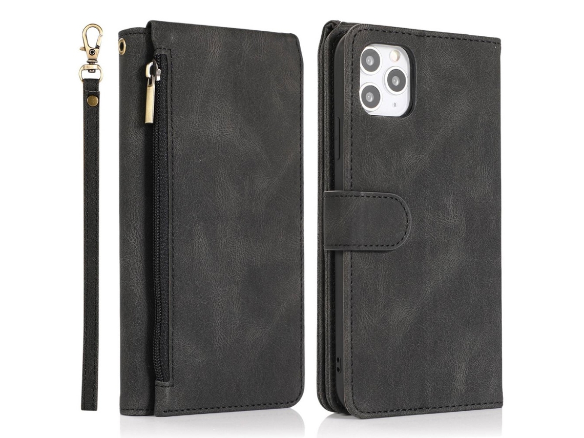 Capa Pega Para Iphone 14 Pele Sintética Com Porta-cartões Preto