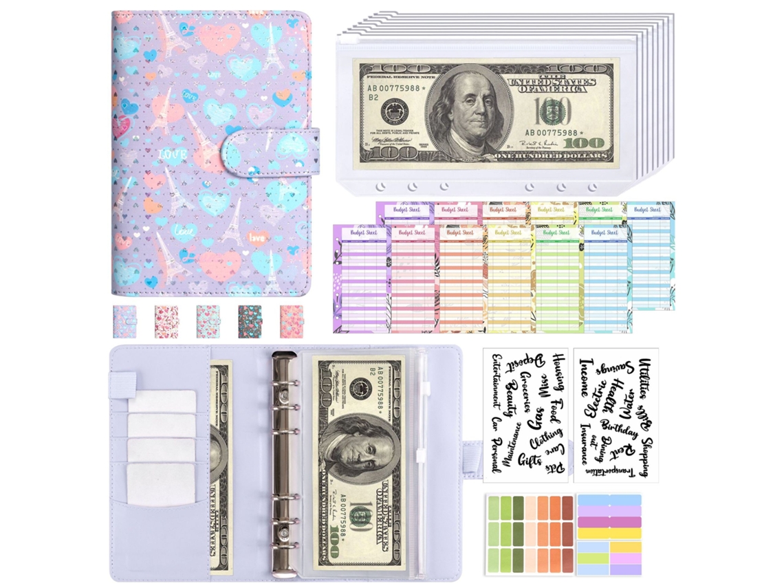 A6 Pu Leather Refillable Budget Planner Notebook With Paris Love Eiffel Tower Design, Purple Includes 8-zipper Bags, 12 A6