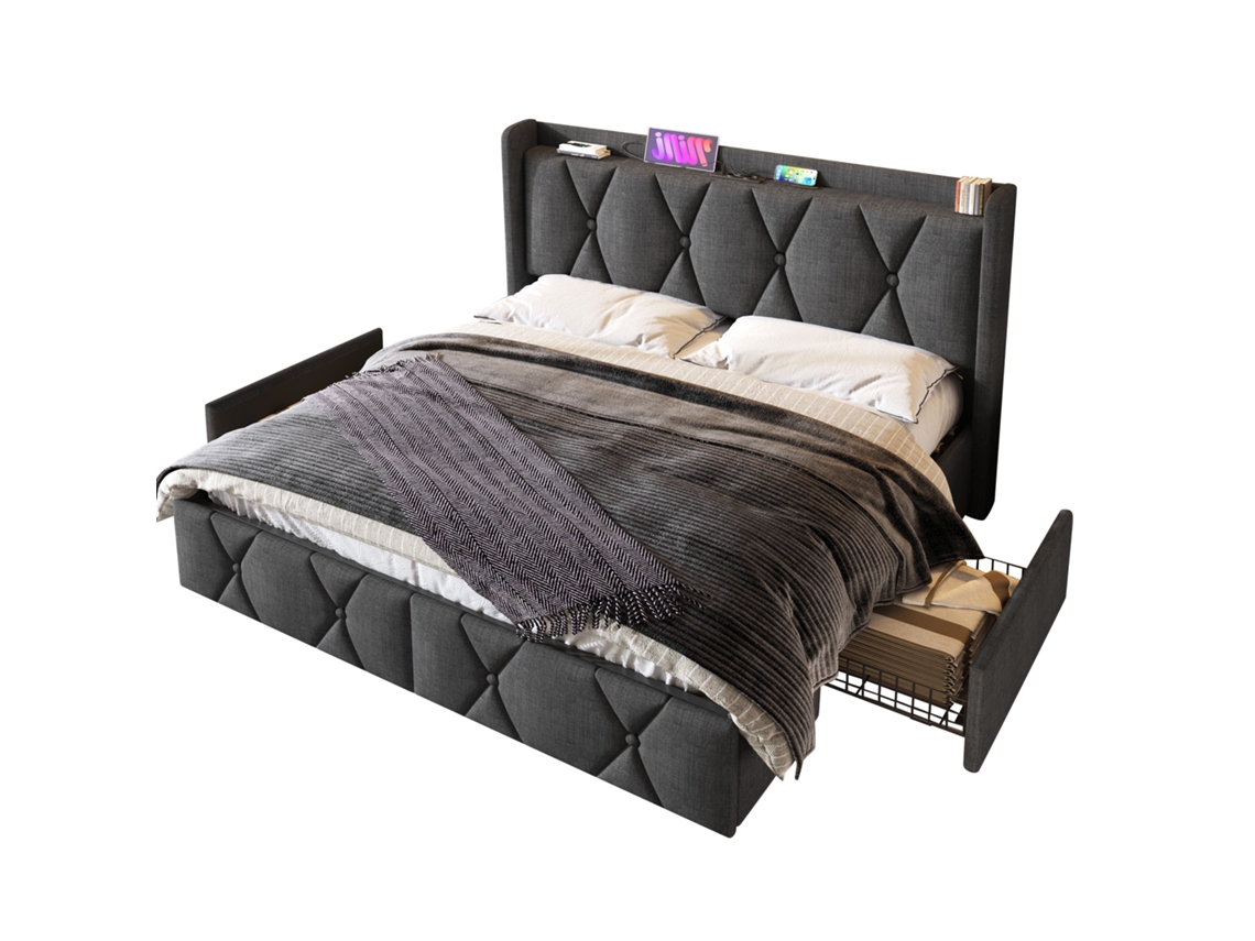 Cama de Casal Estofada 140x200cm com carregador Usb, cabeceira, 4 gavetas e base de ripas de madeira cinza, inclui colchão PAPRIKA