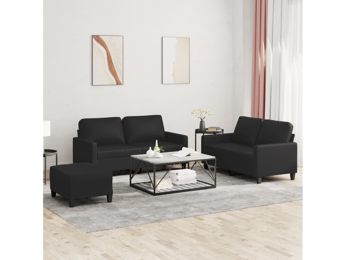Vidaxl 3 Pcs Conjunto De Sofás Com Almofadões Couro Artificial Preto