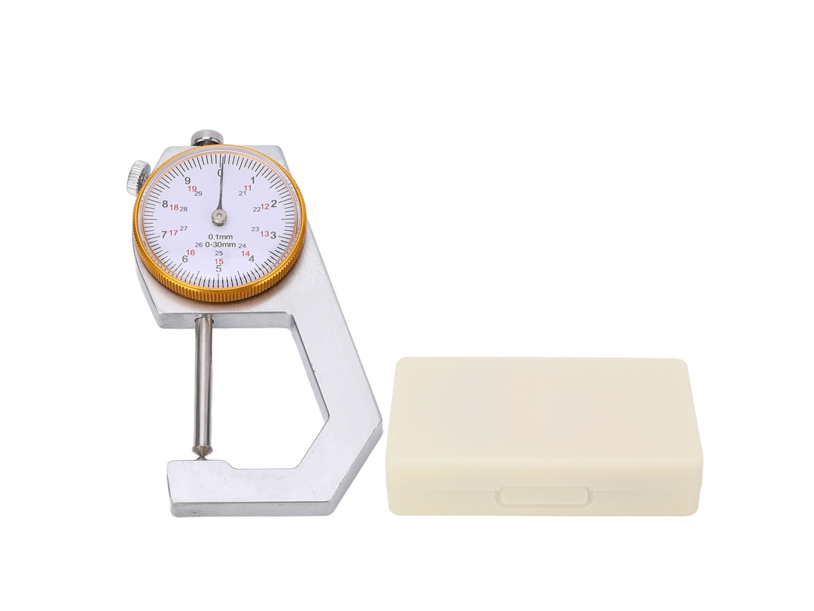 Medidor de espessura portátil com mostrador redondo, indicador manual, resolução de 0,1 mm, alcance de 0 a 30 mm e ponta afiada.