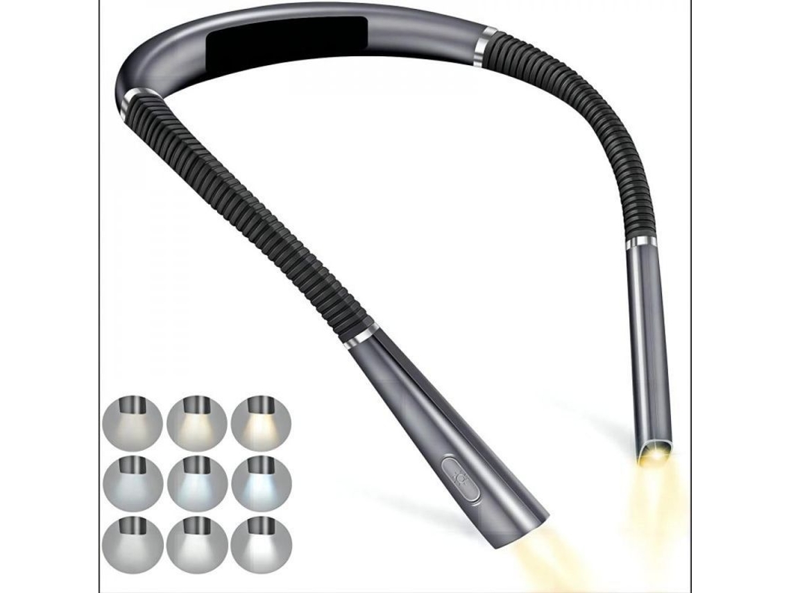 Luz De Leitura Para Pescoço Recarregável, 3 Cores 6 Níveis De Brilho, Braço Plegável, Ideal Para Ler Na Cama Gris
