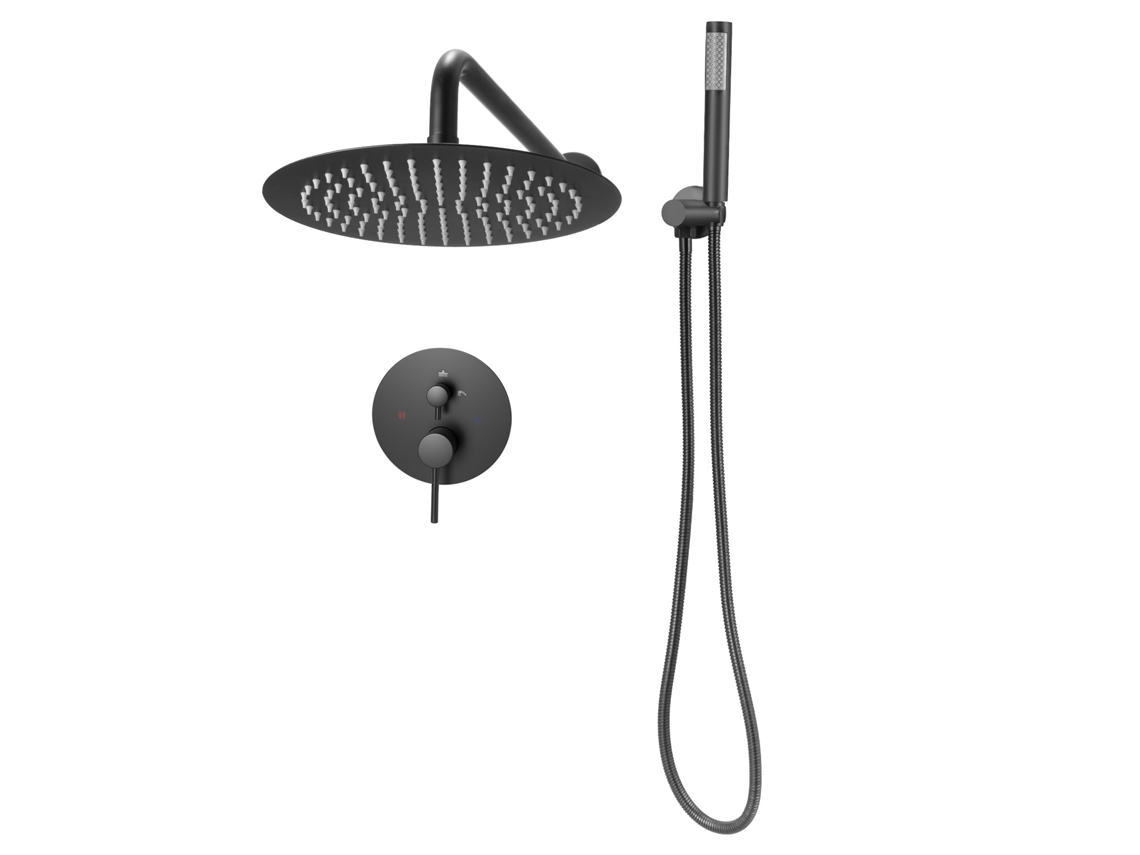 Conjunto De Torneira De Parede Com Chuveiro Redondo Succebuy Em Preto Fosco