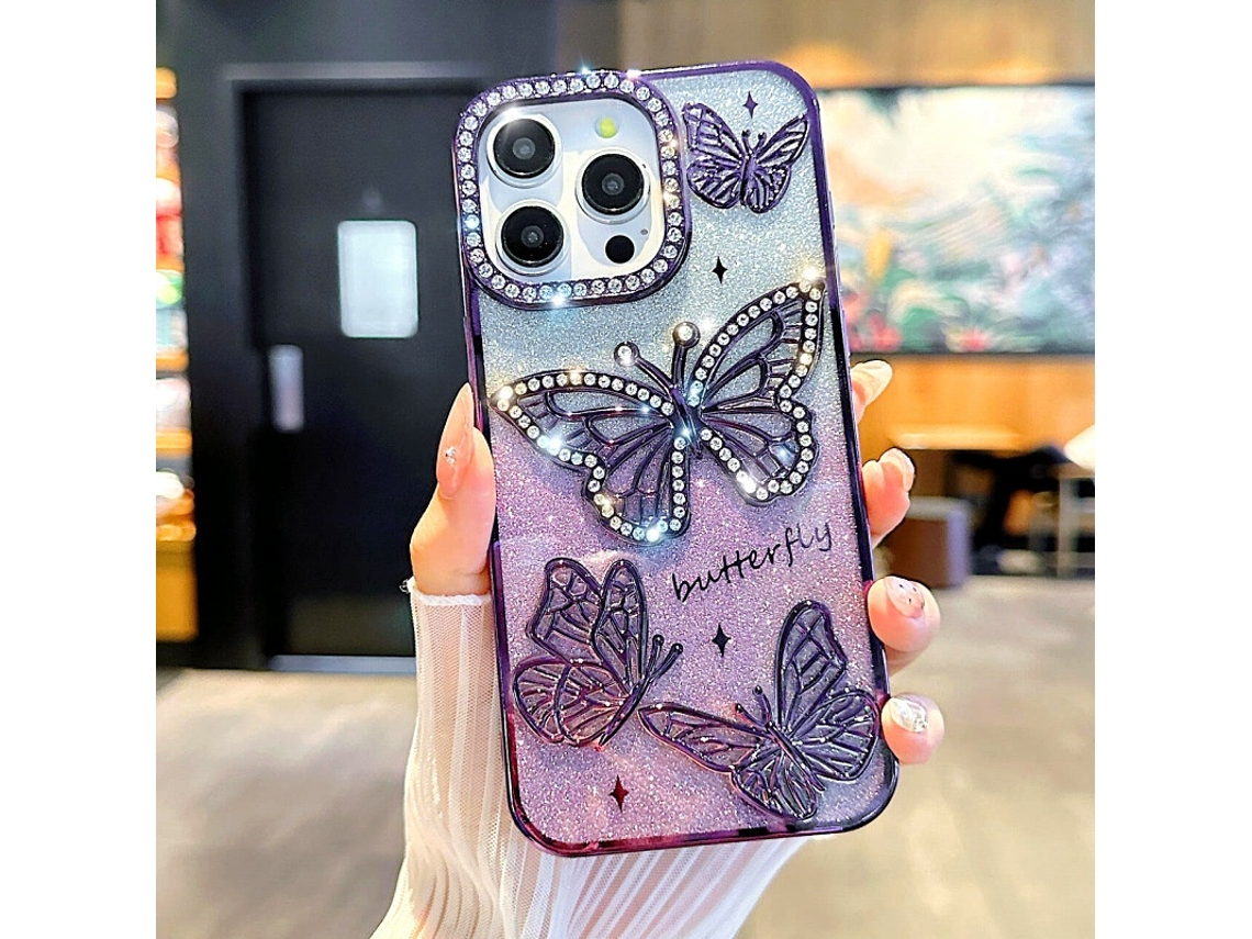 Capa Para Iphone 17 Com Borboleta De Strass E Glitter Roxo, Banhada A Ouro, Em 3d, Com Efeito Diamante E Glitter Degradê.