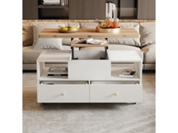Mesa De Centro 100x50x47,5 Cm Com Função Dobrável 4 Gavetas Com Rodízios Giratórios Branco Natural Mobrio