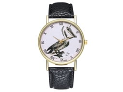 Relógio feminino Zhoulianfa, estilo quartzo, pulseira de couro PU, mostrador redondo, estampa de pássaro preto.