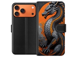 Capa Carteira Compatível Com Apple Iphone 17 Pro Max. Dragão Detalhado Em Preto E Laranja Com Escamas E Pose Poderosa Em Design Estilizado.