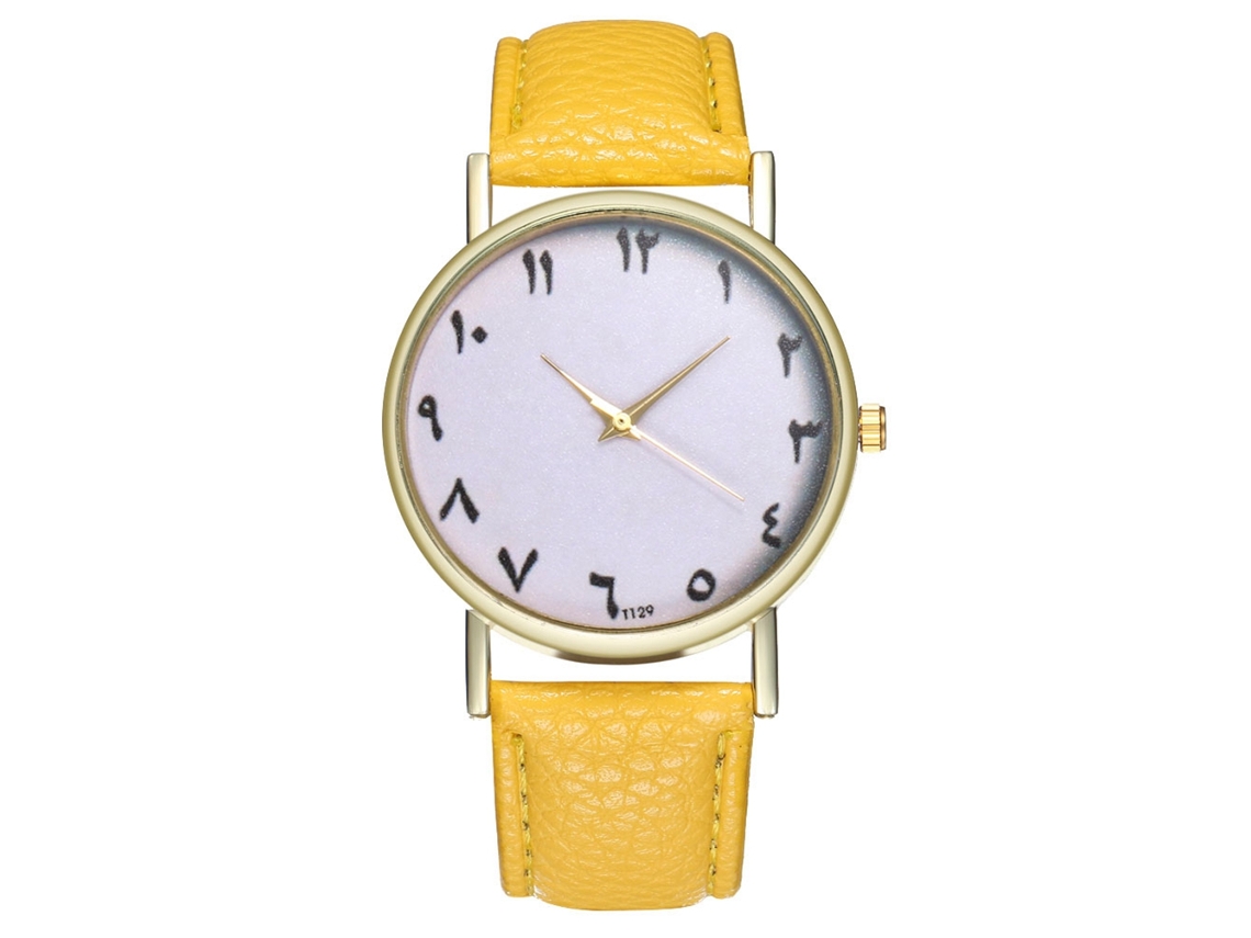 Relógio de Pulso Analógico de Quartzo com Pulseira de Pu Amarelo Estilo Simples e Elegante