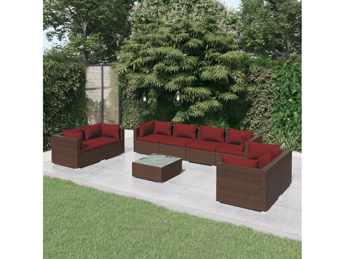 Vidaxl 9 Pcs Conjunto Lounge Jardim C/ Almofadões Vime Pe Castanho
