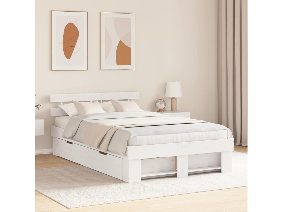 Vidaxl Estrutura Da Cama Com Cabeceira Com Gaveta Branco 120 X 190 Cm