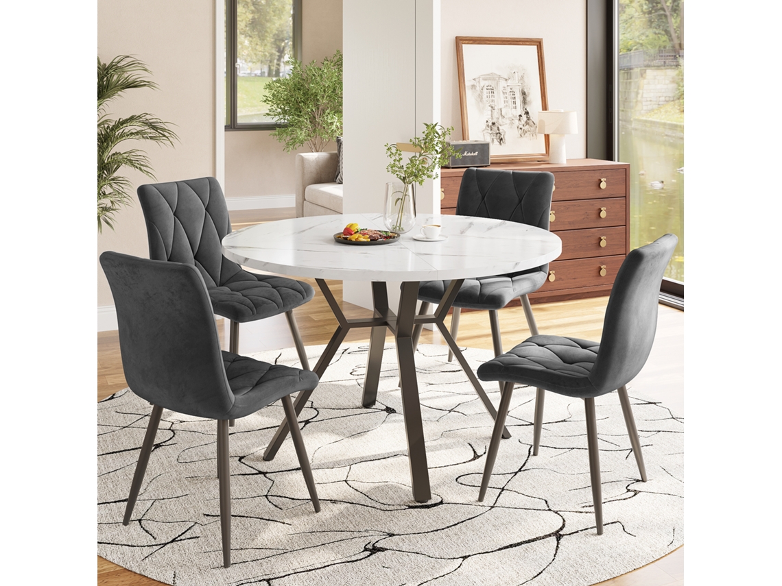 Conjunto Mesa Redonda Moderna 5 Peças Mármore Preto Metal E 4 Cadeiras Ergonomicas Couro Suede Cinza Echo