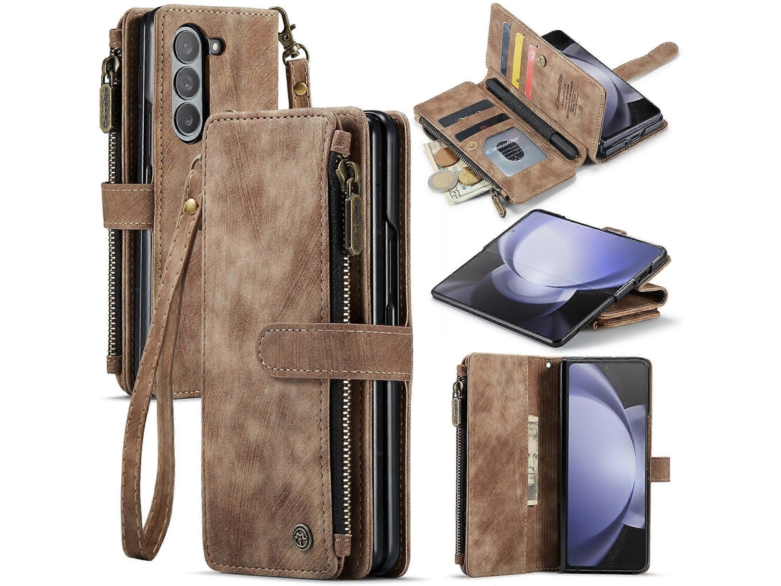 Capa De Celular Caseme C30 Multifuncional Com Zíper E Compartimentos Para Cartões, Em Couro Sintético, Para Samsung Galaxy Z Fold5.