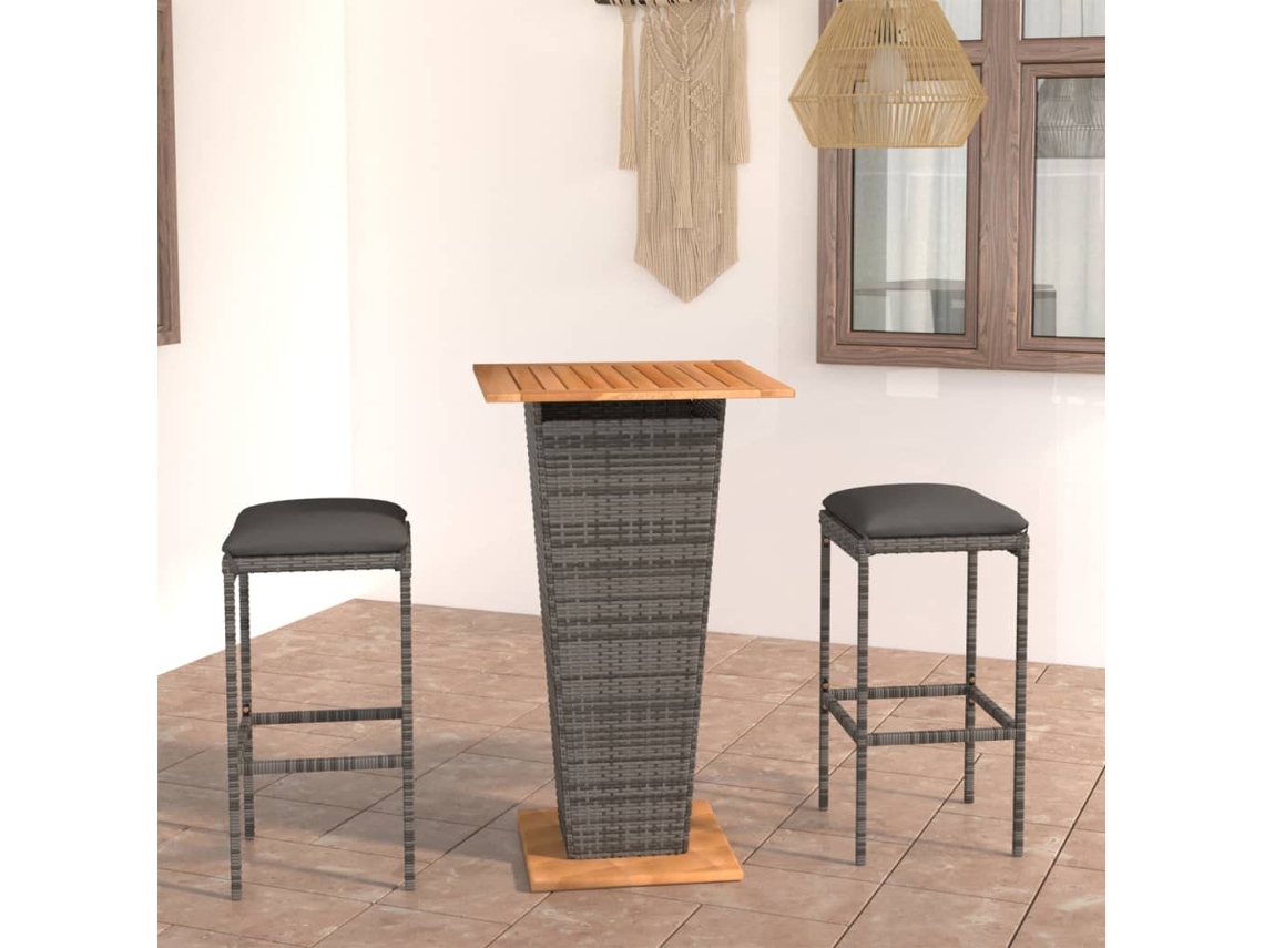 Vidaxl 3 Pcs Conjunto De Bar P/ Jardim C/ Almofadões Vime Pe Cinzento