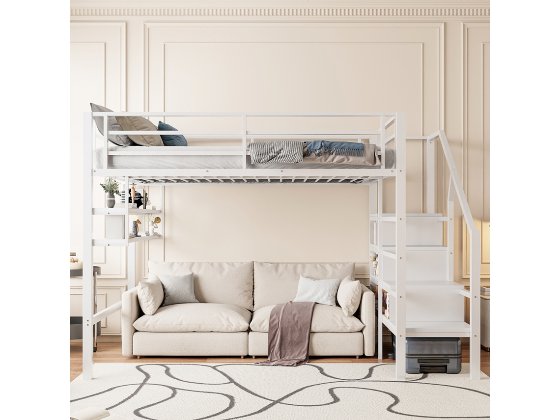 Beliche mezanino 140x200cm com prateleiras, escada com armazenamento, espaço sob a cama, guarda corpo, 150kg, sem colchão branco KOMHTOM