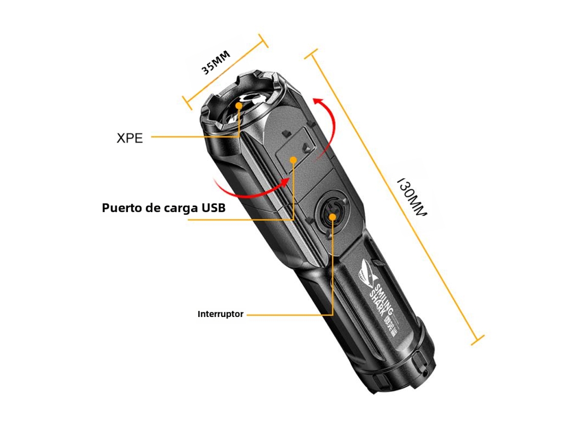 Lanterna Tática Led À Prova D'água, Recarregável Via Usb Com Bateria 18650 E Função De Zoom.
