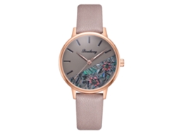Relógio de Pulso Feminino de Quartzo com Pulseira Pu Ajustável Padrão Floral Champagne