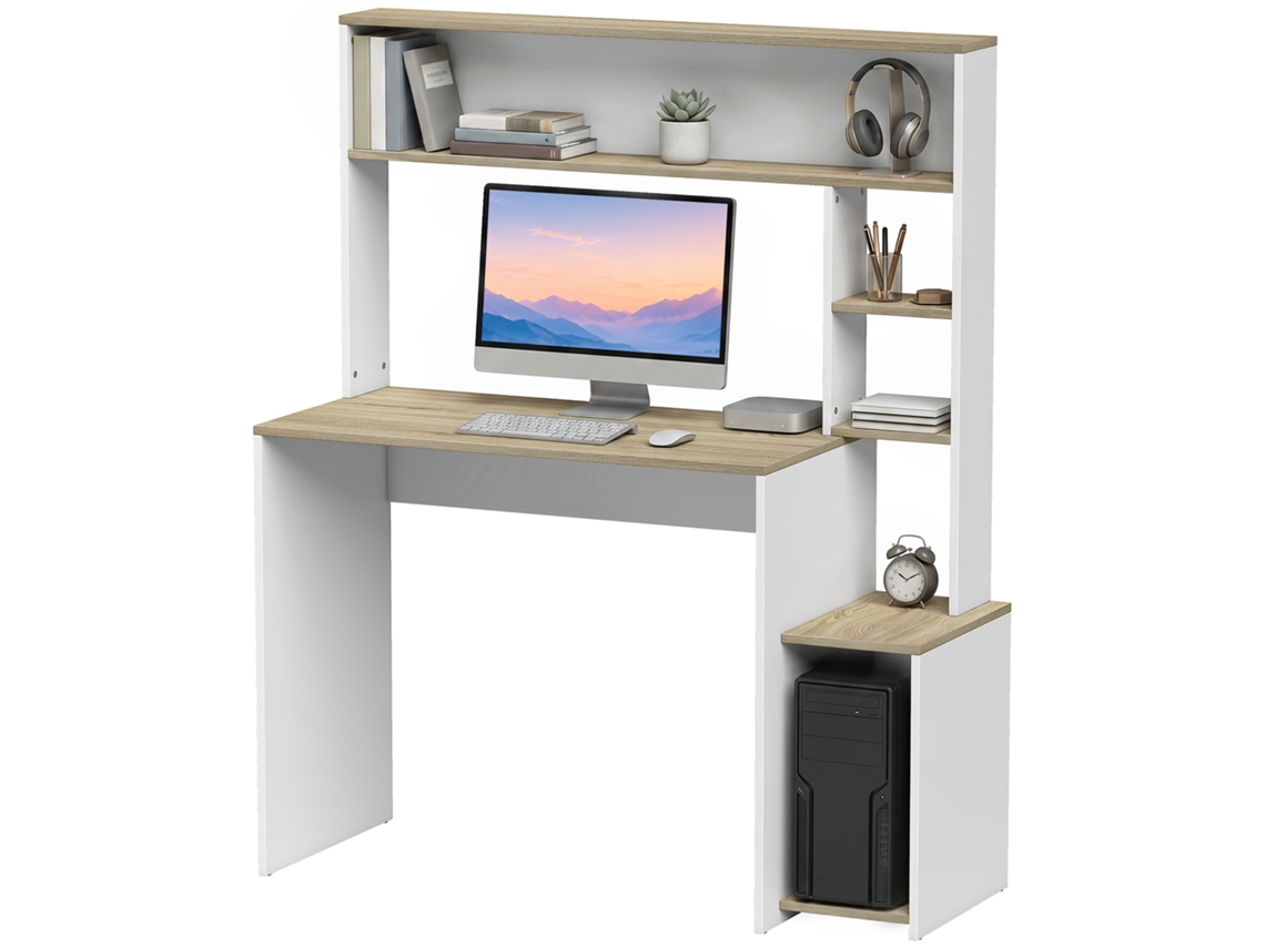 Mesa Computador Com Armazenamento E Suporte Cpu, Branca E Natural