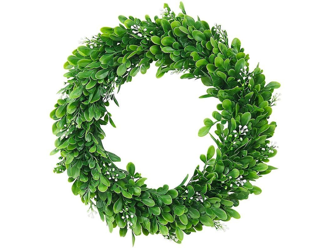 Guirlanda De Boxwood Falsa Com Flores Brancas Para Porta Da Frente, Interiores E Exteriores, Resistente À Uv